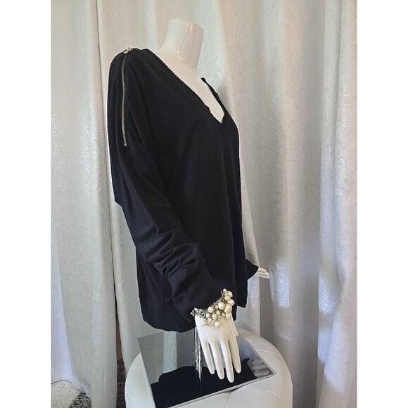 Rachel Roy Women V-Neck T Shirt Cold Zip Open Cold Shoulders Black Large Sexy - Picture 10 of 14